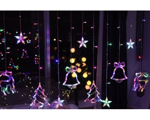 Гирлянда Штора ЦВЕТНАЯ с формами колокольчик, елка, олень 12 PCS light (30)