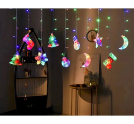 Гирлянда Штора с формами Звезда Снеговик Месяц Елка Сапог 10 PCS light  Цветная (50)