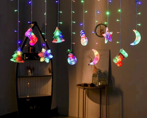 Гирлянда Штора с формами Звезда Снеговик Месяц Елка Сапог 10 PCS light  Цветная (50)